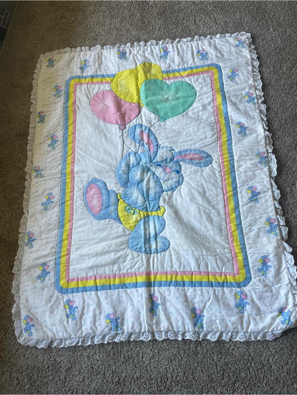 Vintage bunny blanket blue pink green yellow